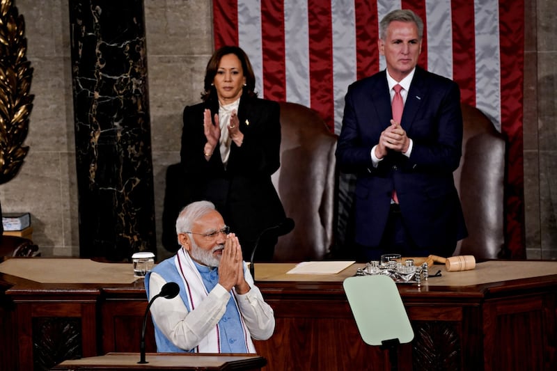 Mr Modi addressed a packed chamber. Bloomberg