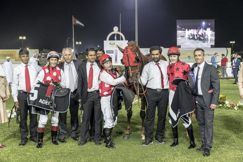 ABU DHABI, UNITED ARAB EMIRATES. 03 DECEMBER 2017. Horse Racing at the Abu Dhabi Equestrian Club. Sheikh Zayed bin Sultan Al Nahyan Cup. 1600m. Winner Nr 4 Darius Du Paon, 4yrs. Jockey Tadhg O’Shea, Owner H.H.Sheikh Khalifa Bin Zayed Al Nahyan, Trainer Eric Lemartinel. (Photo: Antonie Robertson/The National) Journalist: Amith Passela. Section: Sport.