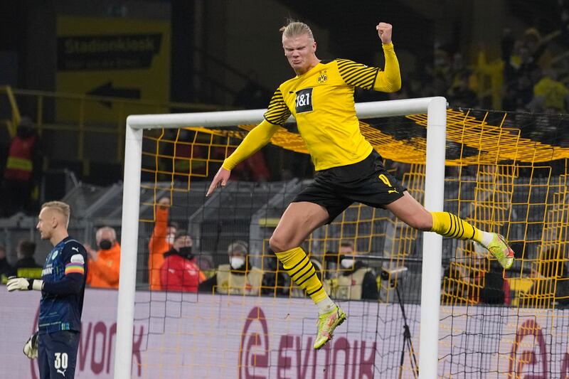 Borussia Dortmund's Erling Haaland celebrates scoring against Greuther Furth in the Bundesliga in December, 2021. AP