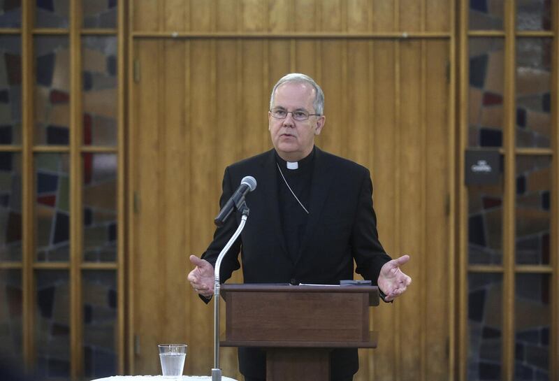 The Most Rev. Joseph C. Bambera, Bishop of the Diocese of Scranton, discusses the release of the 40th statewide investigating grand jury clergy sex abuse report that identifies 59 religious leaders in his diocese, during a press conference in Scranton, Pa., on Tuesday, Aug. 14, 2018,. (Jake Danna Stevens/The Times-Tribune via AP)