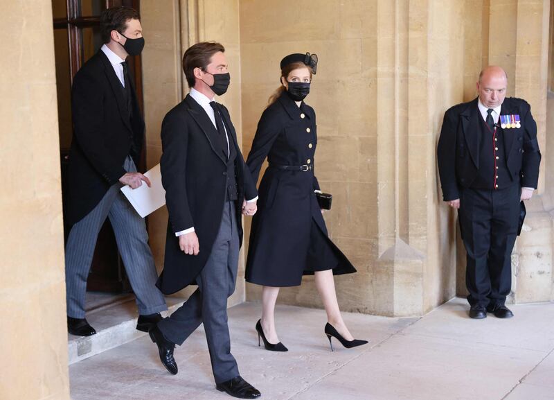 Princess Beatrice of York and her husband Edoardo Mapelli Mozzi attend the  funeral ceremony of Prince Philip, Duke of Edinburgh at Windsor Castle. AFP