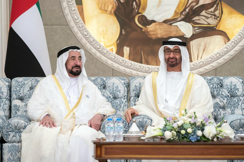 ABU DHABI, UNITED ARAB EMIRATES - August 21, 2018: HH Sheikh Mohamed bin Zayed Al Nahyan, Crown Prince of Abu Dhabi and Deputy Supreme Commander of the UAE Armed Forces (R) and HH Dr Sheikh Sultan bin Mohamed Al Qasimi, UAE Supreme Council Member and Ruler of Sharjah (L), attend Eid Al Adha reception at Mushrif Palace. 

(Rashed Al Mansoori / Crown Prince Court - Abu Dhabi )
---