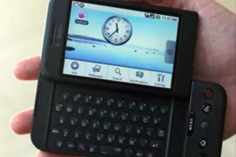 ** FILE ** In this Sept. 23, 2008 file photo, the T-Mobile G1 Android-powered phone, the first cell phone with the operating system designed by Google Inc., is shown  in New York. (AP Photo/Mark Lennihan, file) *** Local Caption ***  NYBZ116_Tech_Test_Google_Phone.jpg