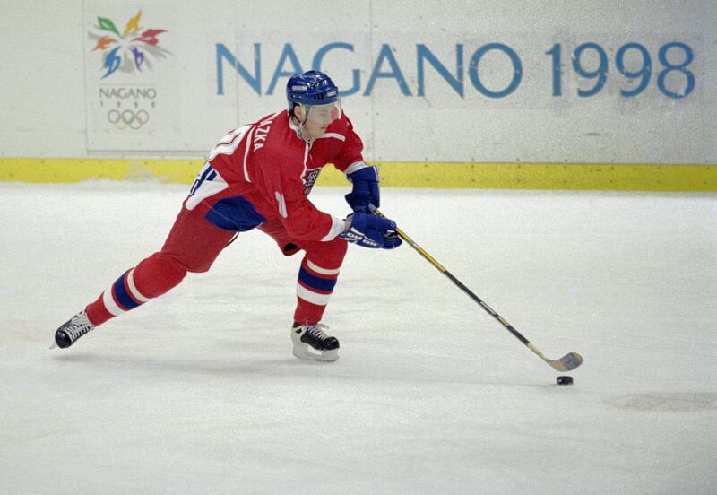 Martin Prochazka of the Czech Republic controls the puck during the Group C game against Russia in the Men's Ice Hockey tournament on 16 February 1998 during the XVIII Olympic Winter Games at the The Big Hat Arena, Nagano, Japan. (Photo by Doug Pensinger/Allsport/Getty Images) 
