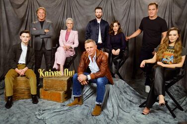 Jaeden Martell, Don Johnson, Jamie Lee Curtis, Daniel Craig, Chris Evans, Ana de Armas, Michael Shannon and Katherine Langford star in 'Knives Out'. Getty.
