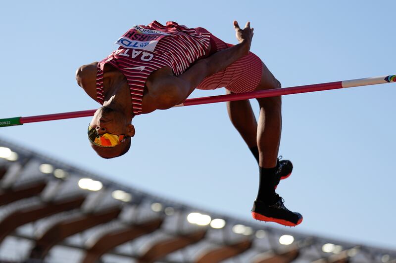 Mutaz Barshim competes in the men's high jump final at the World Athletics Championships. AP