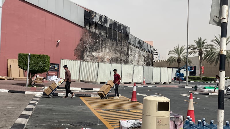 Fire damage on the outside of Dragon Mart mall in Dubai.
All photos: Antonie Robertson / The National
