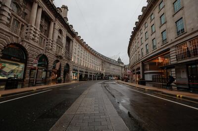 An empty Regent Street in London, U.K., on Monday, Dec. 21, 2020. More than 16 million Britons are now required to stay at home as a lockdown came into force Sunday in London and southeast England, part of Boris Johnson’s attempt to control a fast-spreading new strain of the coronavirus. Photographer: Jason Alden/Bloomberg