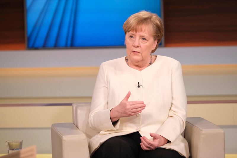 epa09103958 A handout photo made available by NDR Press and Information shows German Federal Chancellor Angela Merkel talking at 'Anne Will' talk show at DAS ERSTE German television in Berlin, Germany, 28 March 2020. Merkel spoke about the coronavirus situation in Germany.  EPA/NDR / Wolfgang Borrs HANDOUT MANDATORY CREDIT HANDOUT EDITORIAL USE ONLY/NO SALES