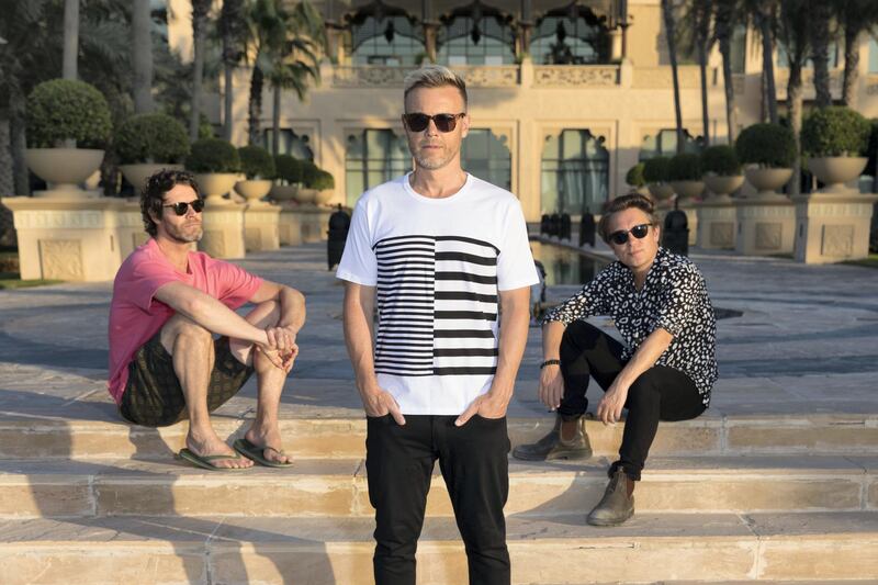 Take That (L-R Howard Donald, Gary Barlow and Mark Owen) are performing at the Dubai Media City Ampitheatre tonight. Picture by Mark Field