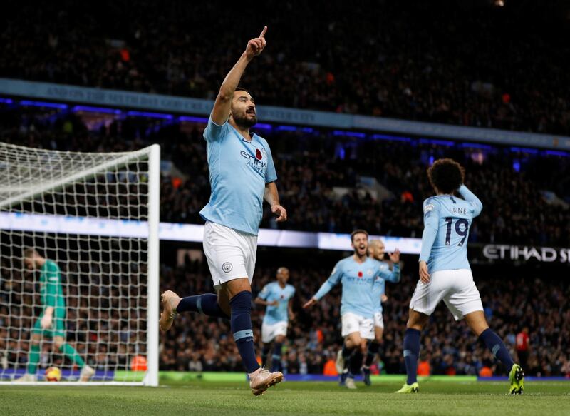Manchester City's Ilkay Gundogan celebrates scoring City's third goal. Reuters