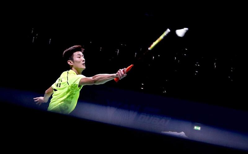 Chen Long of China in action against Dane Hans-Kristian Vittinghus during the men’s singles final at the BWF Destination Dubai World Superseries Finals. Ali Haider / EPA