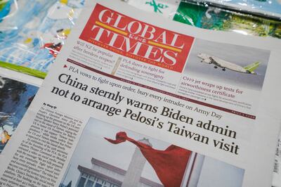 An article on China's response to Nancy Pelosi's visit to Taiwan was published on the front page of 'The Global Times' English version in Beijing. EPA