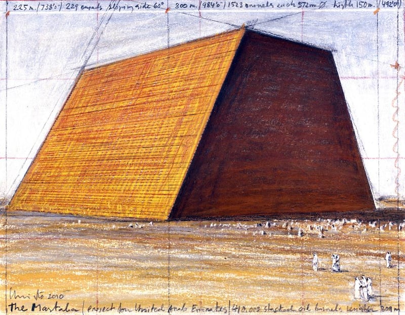 Christo’s Mastaba is being planned for Liwa Oasis in Al Gharbia. The monument will feature 410,000 steel barrels and rise 150 metres and 300 metres along its vertical walls. Courtesy Andre Grossman