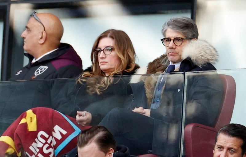 Soccer Football - Premier League - West Ham United v Southampton - London Stadium, London, Britain - February 29, 2020  West Ham United Vice-chairman Karren Brady with her husband, Paul Peschisolido, in the stands during the match   Action Images via Reuters/John Sibley  EDITORIAL USE ONLY. No use with unauthorized audio, video, data, fixture lists, club/league logos or "live" services. Online in-match use limited to 75 images, no video emulation. No use in betting, games or single club/league/player publications.  Please contact your account representative for further details.
