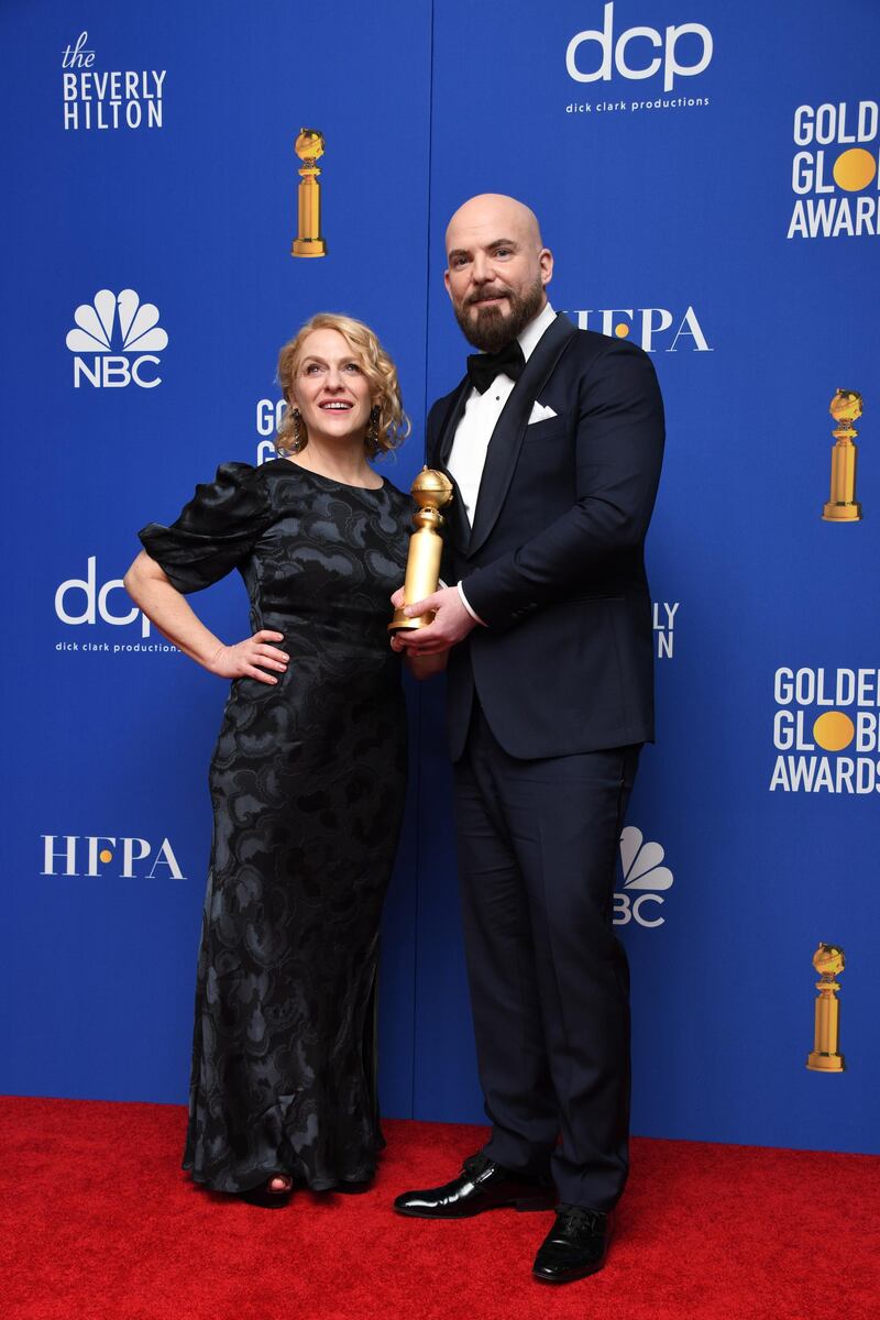 Arianne Sutner and Chris Butler pose with their award for Best Motion Picture - Animated for 'Missing Link' during the 77th annual Golden Globe Awards on January 5, 2020, at The Beverly Hilton hotel in Beverly Hills, California. EPA