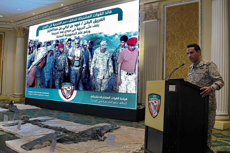 epa06673852 Colonel Turki al-Maliki, spokesman for the Saudi-led coalition forces against Houthi forces, addresses a news conference in Al-Khobar, Saudi Arabia, 16 April 2018. Officials said that  Riyadh Air Defense intercepted five missiles and two unmanned aircraft over the past few days.  EPA/Ahmed Yosri