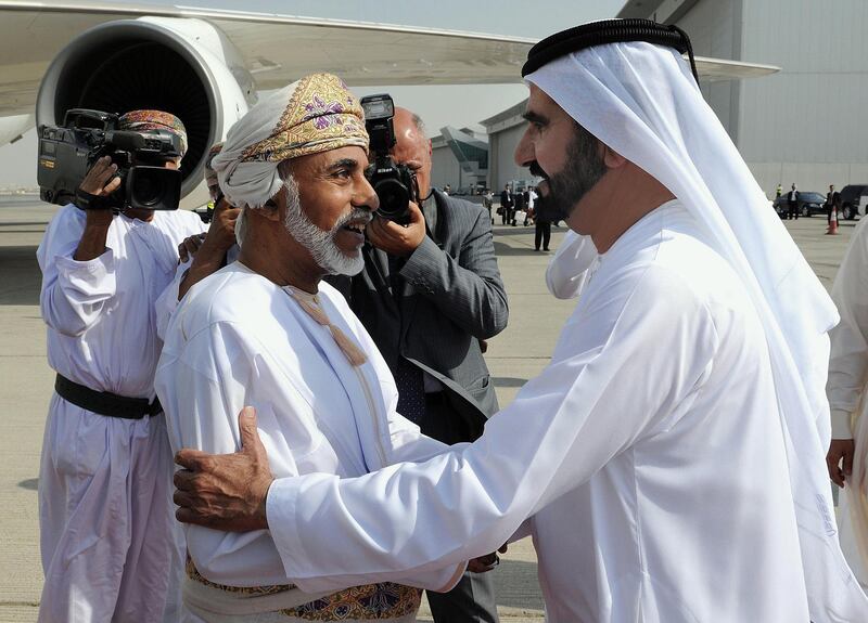 A picture provided by the official Emirates news agency WAM shows Sheikh Mohammed bin Rashid al-Maktoum, Vice President and Prime Minister of the UAE and ruler of Dubai (R) welcoming Omani Sultan Qaboos bin Said (L) upon latter's arrival at Dubai airport on October 22, 2012. AFP PHOTO/HO/WAM   +++   RESTRICTED TO EDITORIAL USE - MANDATORY CREDIT "AFP PHOTO / HO / WAM" - RESTRICTED TO EDITORIAL USE - MANDATORY CREDIT "AFP PHOTO / HO / WAM" - NO MARKETING NO ADVERTISING CAMPAIGNS - DISTRIBUTED AS A SERVICE TO CLIENTS   +++ (Photo by - / WAM / AFP)