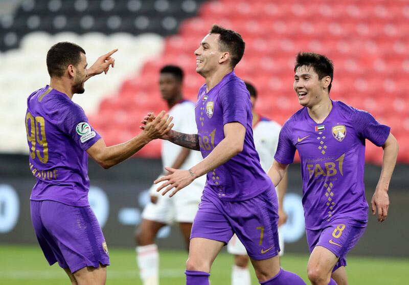 Abu Dhabi, United Arab Emirates - Reporter: John McAuley: Caio of Al Ain scores in the game between Sharjah and Al Ain in the PresidentÕs Cup semi-final. Tuesday, March 10th, 2020. Mohamed bin Zayed Stadium, Abu Dhabi. Chris Whiteoak / The National