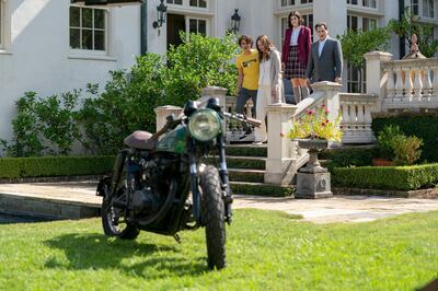 (L-R): Benjamin Hassan Wadsworth as Rocco Baxter, Hope Davis as Gina Baxter, Lilli Kay as Fia Baxter and Michael Stuhlbarg as Tommy Baxter in YOUR HONOR, "Part One". Photo Credit: Skip Bolen/SHOWTIME. 