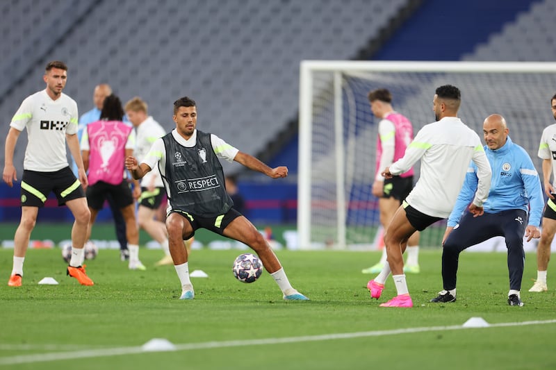 Rodri and Riyad Mahrez during Manchester City's training in Istanbul. Getty