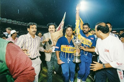 Arjuna Ranatunga and Asanka Gurusinha with the Cricket World Cup trophy after Sri Lanka beat Australia in the final, Lahore, 17th March 1996. (Photo by Ross Kinnaird/Getty Images)