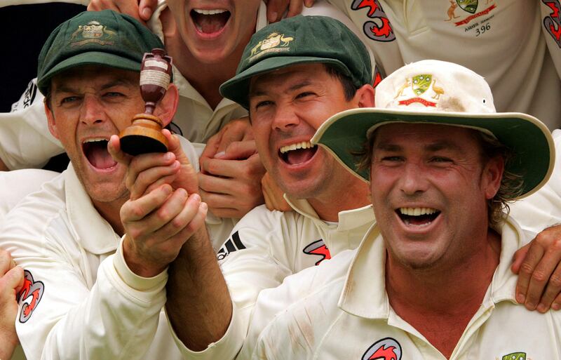 Australia's Adam Gilchrist, Ricky Ponting and Shane Warne celebrate with the Ashes trophy in 2007. Action Images