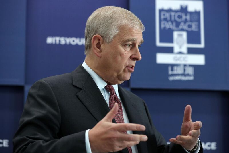 Abu Dhabi, United Arab Emirates - October 21, 2018: His royal highness Price Andrew, Duke of York. Pitch @ Palace GCCÕ. The competition, organized in partnership with the ÔPitch@Palace GlobalÕ competition launched by H.R.H Prince Andrew, Duke of York. Sunday, October 21st, 2018 at Khalifa University, Abu Dhabi. Chris Whiteoak / The National