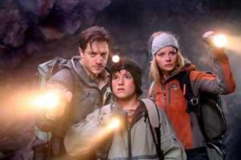 Film still from 'Journey 3-D', (Aka Journey To The Center Of The Earth 3D) (2008), featuring (left-right) Brendan Fraser, Josh Hutcherson & Anita Briem. New Line/Rex Features 

REF al07AU-Journey 07/08/08
