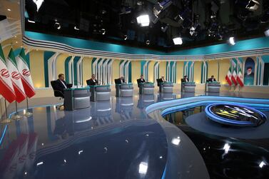 Iran’s seven presidential candidates at the second debates ahead of the June 18 elections. AP