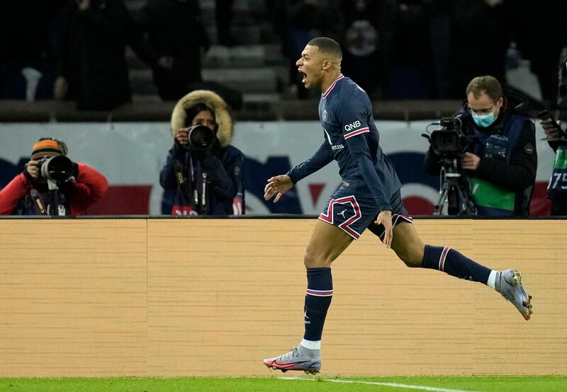 PSG's Kylian Mbappe celebrates after scoring. AP