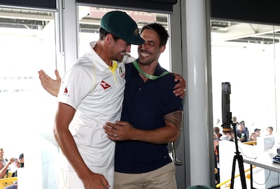 PERTH, AUSTRALIA - DECEMBER 18:  Mitchell Starc of Australia and former Australian Test Cricketer Mitchell Johnson celebrate in the changerooms after Australia regained the Ashes during day five of the Third Test match during the 2017/18 Ashes Series between Australia and England at WACA on December 18, 2017 in Perth, Australia.  (Photo by Ryan Pierse/Getty Images)