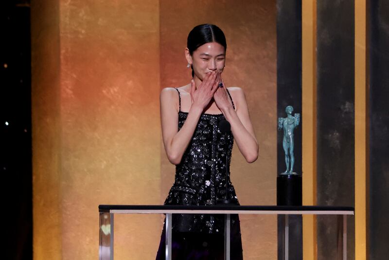 Jung Ho-yeon receives the award for Outstanding Performance by a Female Actor in a Drama Series for 'Squid Game'. Reuters