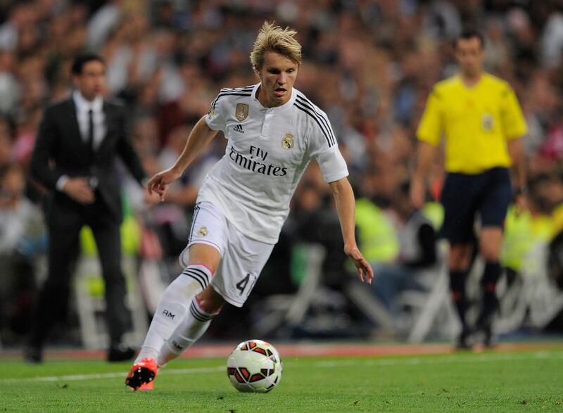 MADRID, SPAIN - MAY 23:  Martin Odegaard of Real Madrid in action during the La Liga match between Real Madrid CF and Getafe CF at Estadio Santiago Bernabeu on May 23, 2015 in Madrid, Spain.  (Photo by Denis Doyle/Getty Images)