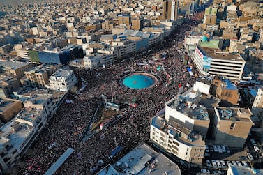 A funeral procession for General Suleimani in Iran. The general who also fought in the Iran-Iraq War received a multi-city commemoration. Office of the Iranian Supreme Leader via AP