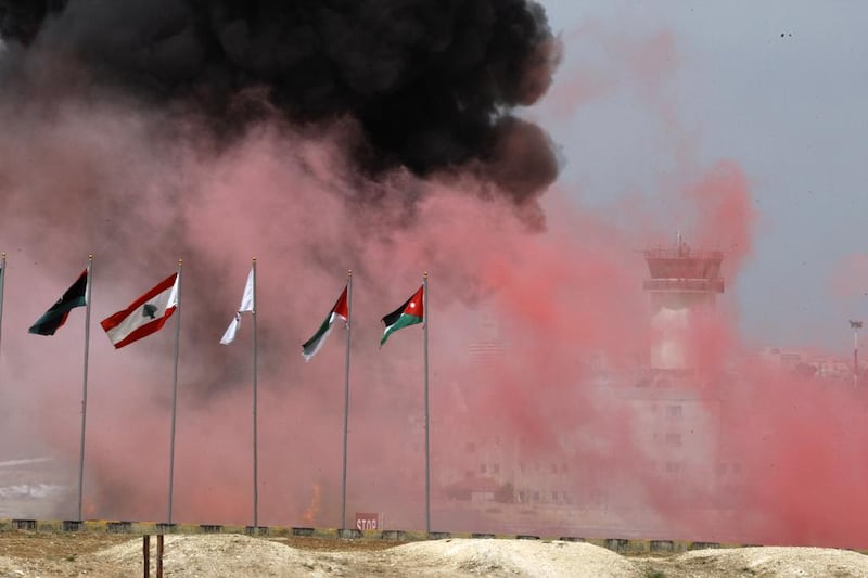 A Jordanian special operation unit demonstrates tactical displays for attacking terrorists and evacuating hostages during the opening ceremony of SOFEX 2016 on May 10, 2016 in Amman, Jordan. Salah Malkawi for The National