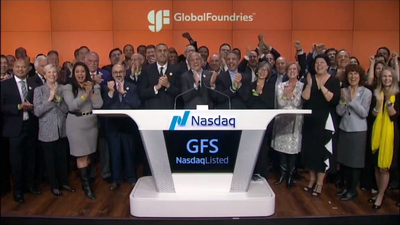 GlobalFoundries employees celebrate the debut of its shares trading on Nasdaq. Photo: Screengrab