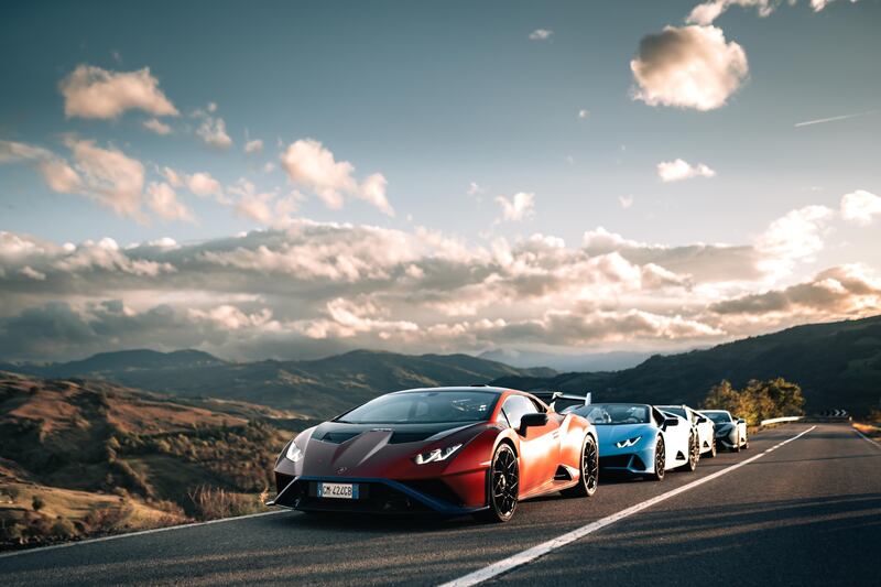The line-up of Lamborghini Huracan models that were driven across Italy. All photos: Wolfango Spaccarelli