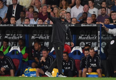epa06961016 Liverpool's manager Jurgen Klopp reacts during the English Premier League soccer match between Crystal Palace and Selhurst Park in London, Britain, 20 August 2018.  EPA/NEIL HALL No use with unauthorized audio, video, data, fixture lists, club/league logos or 'live' services. Online in-match use limited to 75 images, no video emulation. No use in betting, games or single club/league/player publications  EDITORIAL USE ONLY