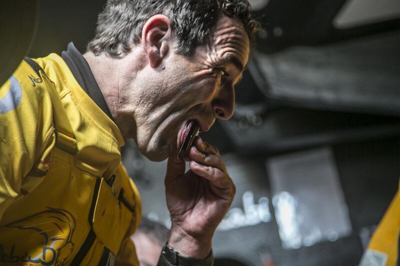 Abu Dhabi Ocean Racing's Chuny Bermudez savours one of the last packets of Nutella from the shore lunch bag between watches. Courtesy Volvo Ocean Race