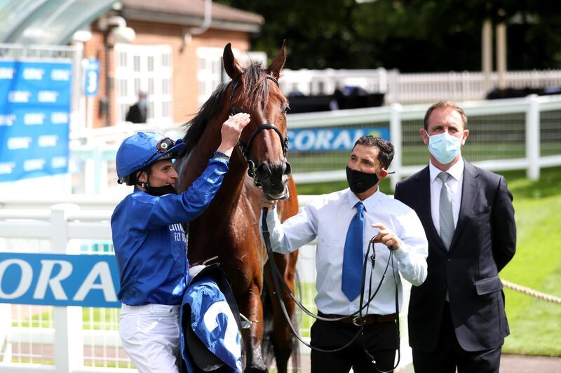 ESHER, ENGLAND - JULY 05: Ghaiyyath and William Buick after winning the Coral-Eclipse at Sandown Park Racecourse on July 05, 2020 in Esher, England.  (Photo by David Davies/Pool via Getty Images)