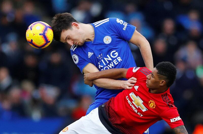 Manchester United's Marcus Rashford in action with Leicester City's Harry Maguire. Reuters
