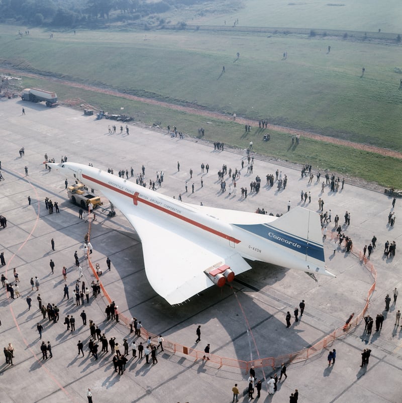The second Anglo-French supersonic airliner, Concorde 002, at the British Aircraft Corporation's airfield in Bristol in 1971, where it was built