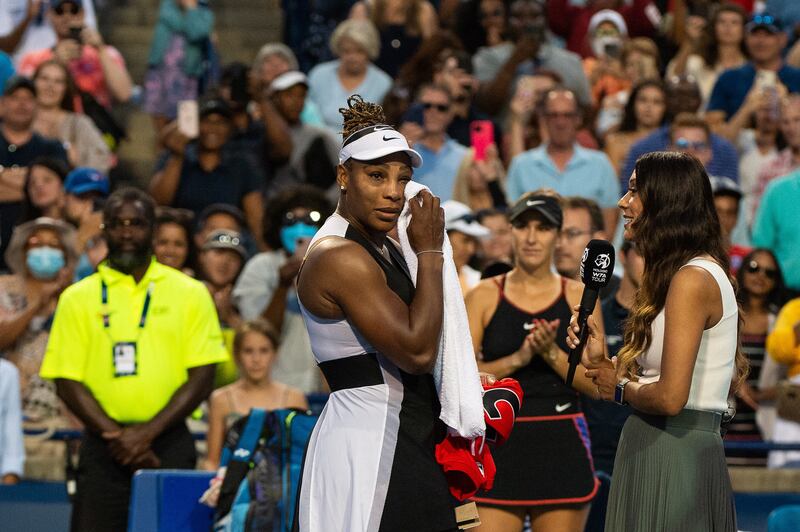 Serena Williams of the US during an emotional on-court interview. EPA