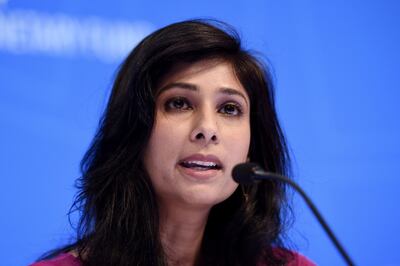 (FILES) In this file photo Gita Gopinath, IMF Chief Economist and Director of the Research Department, speaks at a briefing  during the IMF and  World Bank Fall Meetings on October 15, 2019 in Washington, DC.  The COVID-19 pandemic has unleashed a truly global economic crisis, but countries that rely on services like tourism are suffering the worst damage, IMF chief economist Gita Gopinath said on June 16, 2020. Despite the scale of devastation, financial markets are rising, apparently disconnected from world events, Gopinath said in a blog post "For the first time since the Great Depression, both advanced and emerging market economies will be in recession in 2020," she said. "Past crises, as deep and severe as they were, remained confined to smaller segments of the world."
 / AFP / Olivier Douliery
