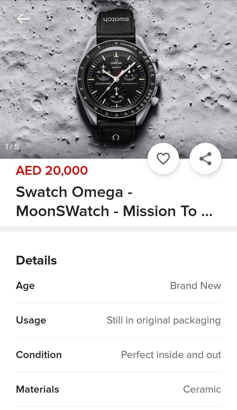 A seller advertises the MoonSwatch for Dh20,000 – more than 20 times the Dh950 retail price – on Dubizzle. Swatch said the range is not a special edition and that more stock would be available soon. Photo: Dubizzle
