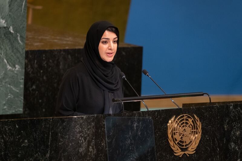 Reem Ebrahim Al Hashimy, the UAE's Minister of State for International Co-operation, speaks during the United Nations General Assembly in New York. Bloomberg