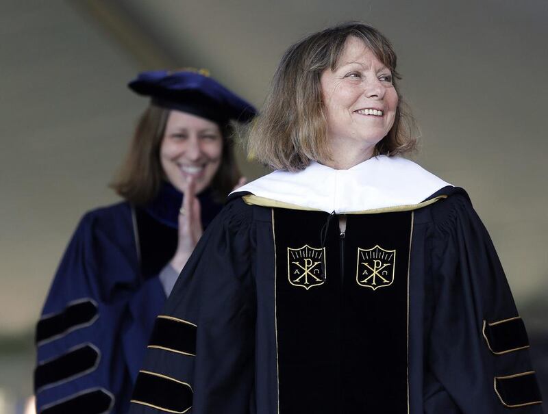 Jill Abramson, former executive editor of The New York Times, receives an honorary Doctor of Humane Letters degree during the commencement ceremony at Wake Forest University in Winston-Salem, NC on May 19, 2014. It was Abramson’s first public appearance since her dismissal from The New York Times. Nell Redmond / AP photo
