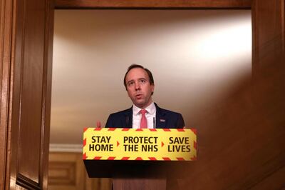 Britain's Health Secretary Matt Hancock gives an update on the coronavirus covid-19 pandemic during a virtual press conference inside 10 Downing Street in central London on March 5, 2021.  / AFP / POOL / Dan Kitwood
