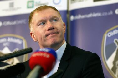 Paul Scholes was presented as Oldham Athletic manager on Monday. AP Photo